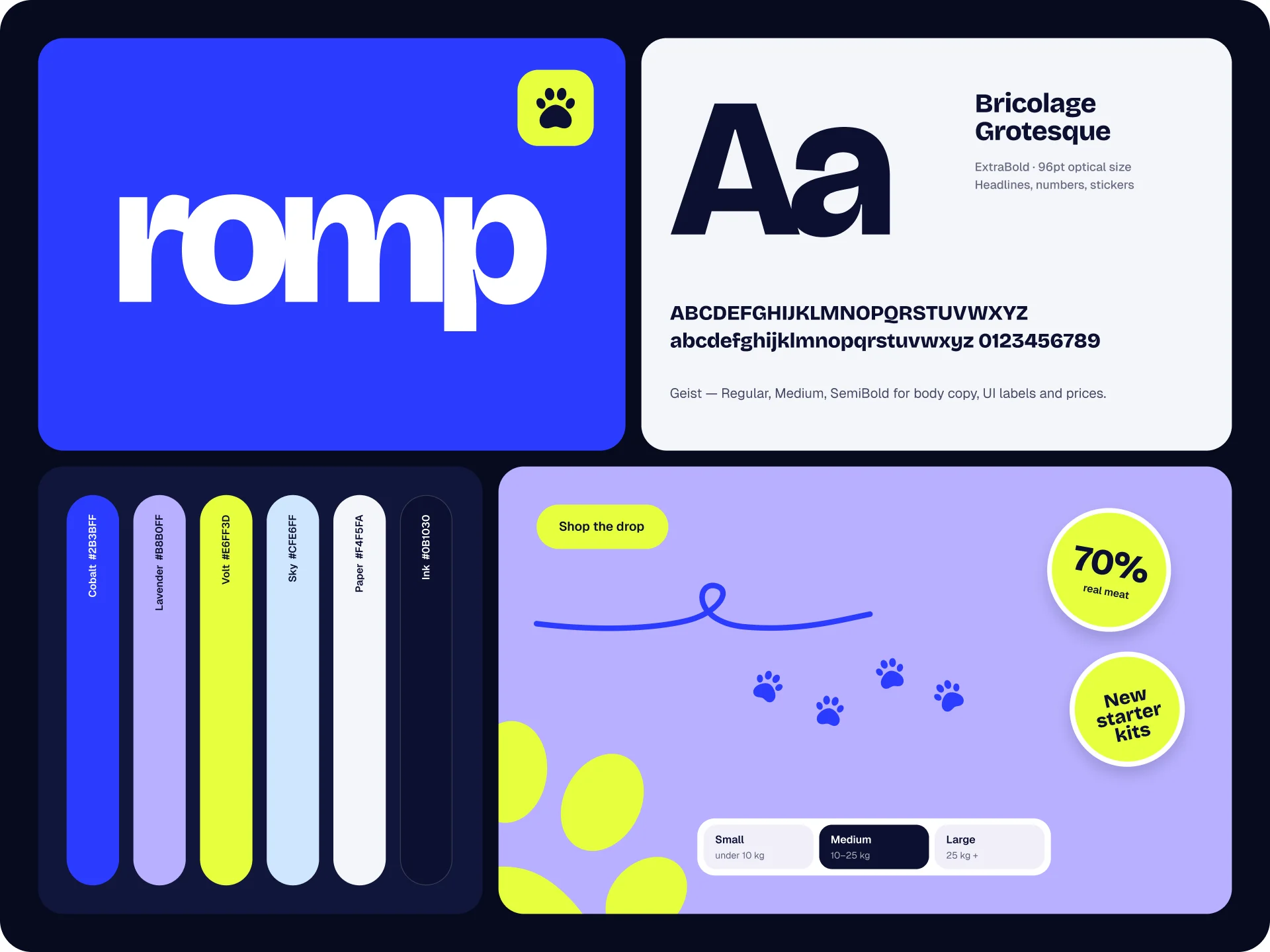 The Romp brand system with the logo, type, colours, paw prints and loops.