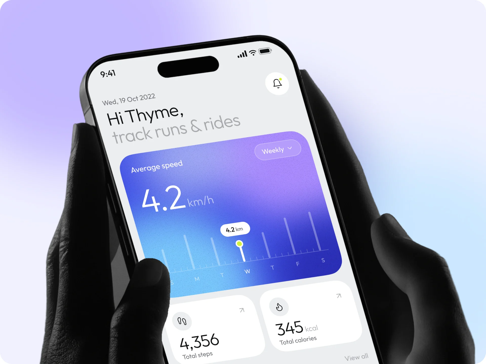 The home dashboard on a phone held in two hands.