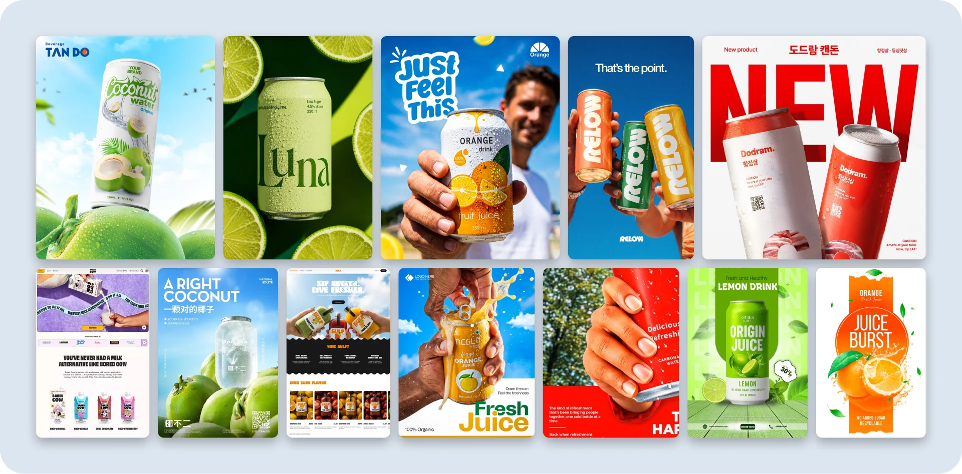The twelve drink brand references on the moodboard.