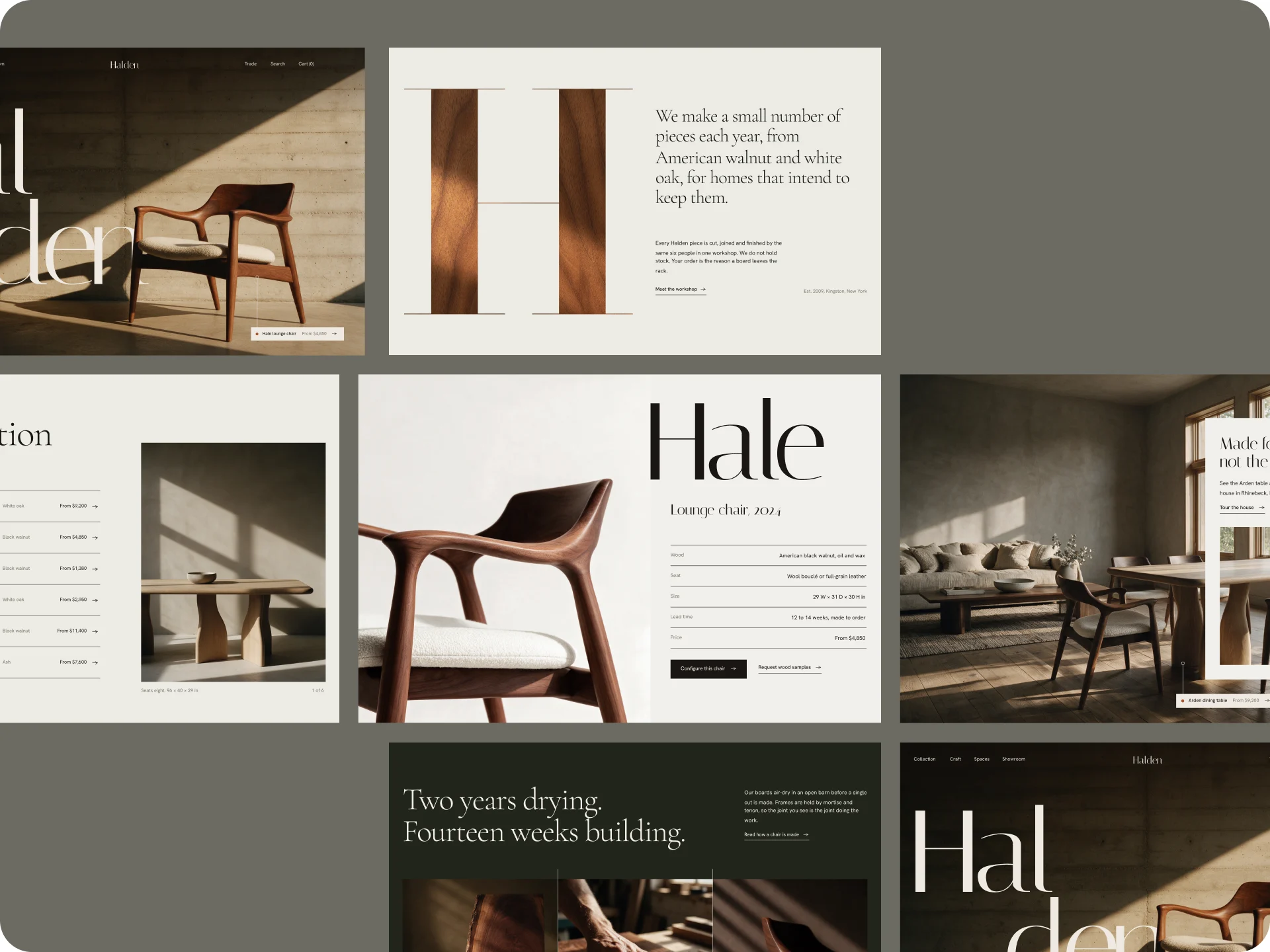 Halden desktop sections side by side, the hero, the workshop statement, the Hale chair page, the collection and the rooms.