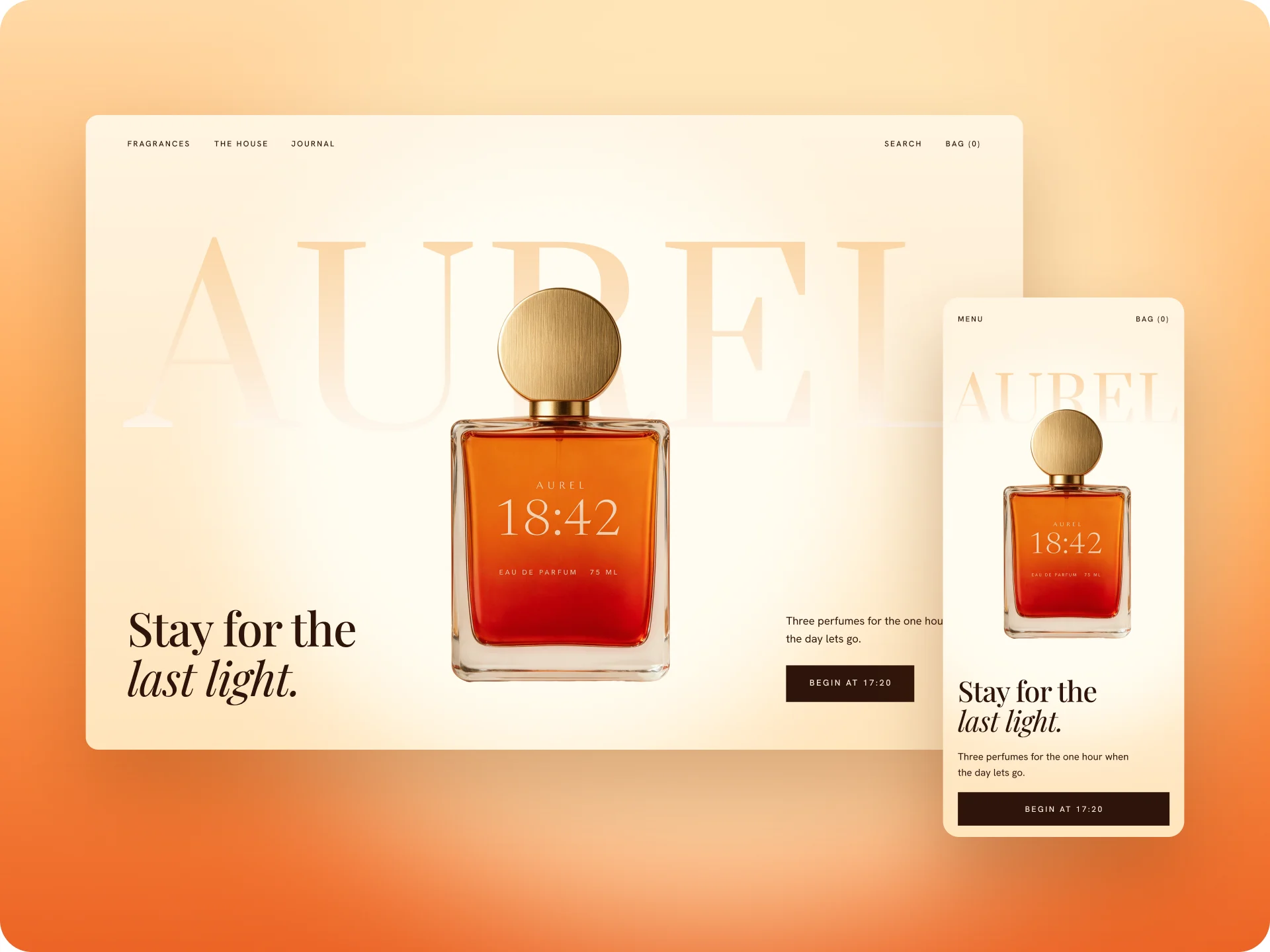 The Aurel hero on desktop and mobile. The 18:42 bottle sits in front of the brand name, with the line Stay for the last light.