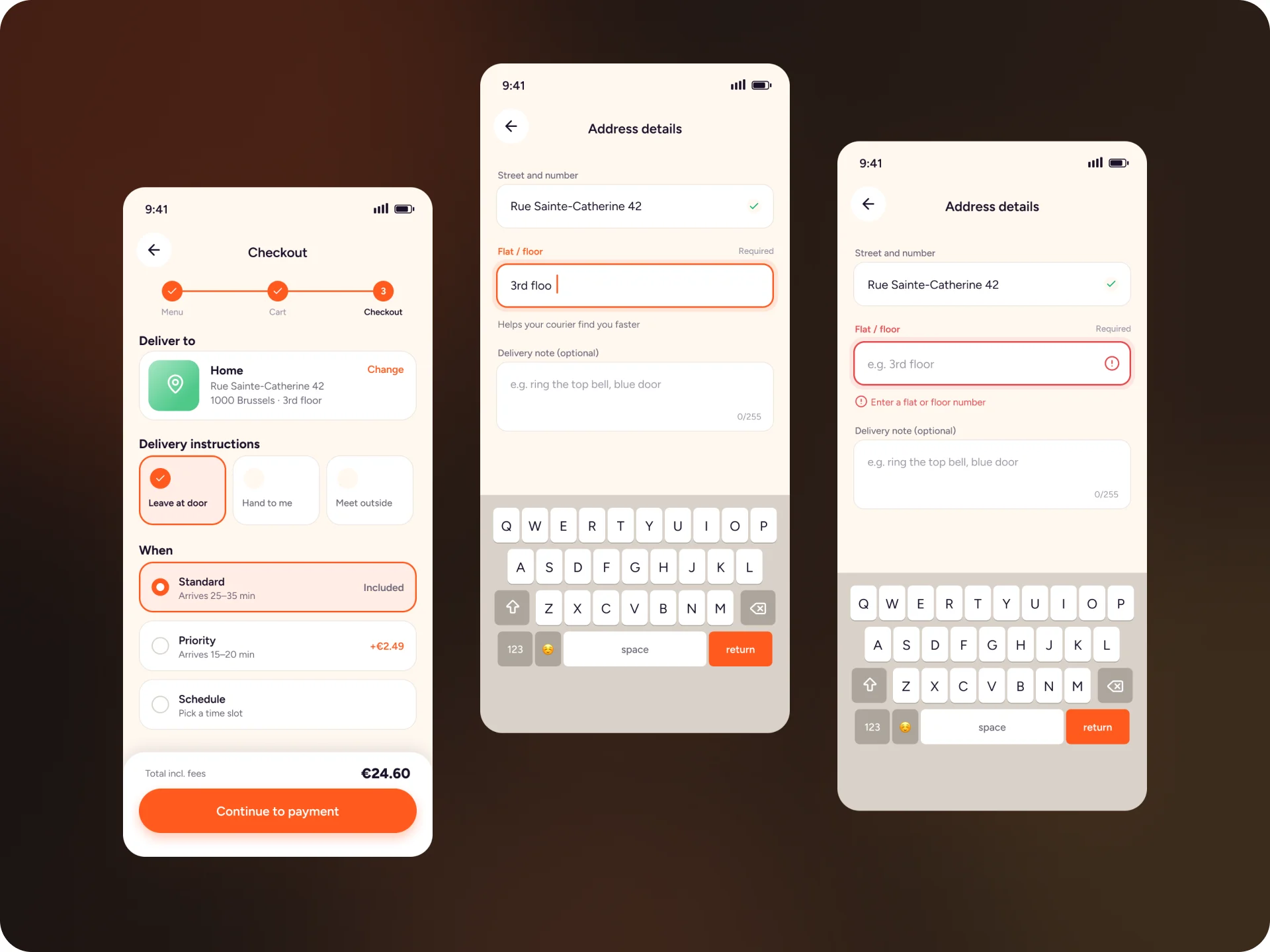 Delivery options and the address form with focus and error states.
