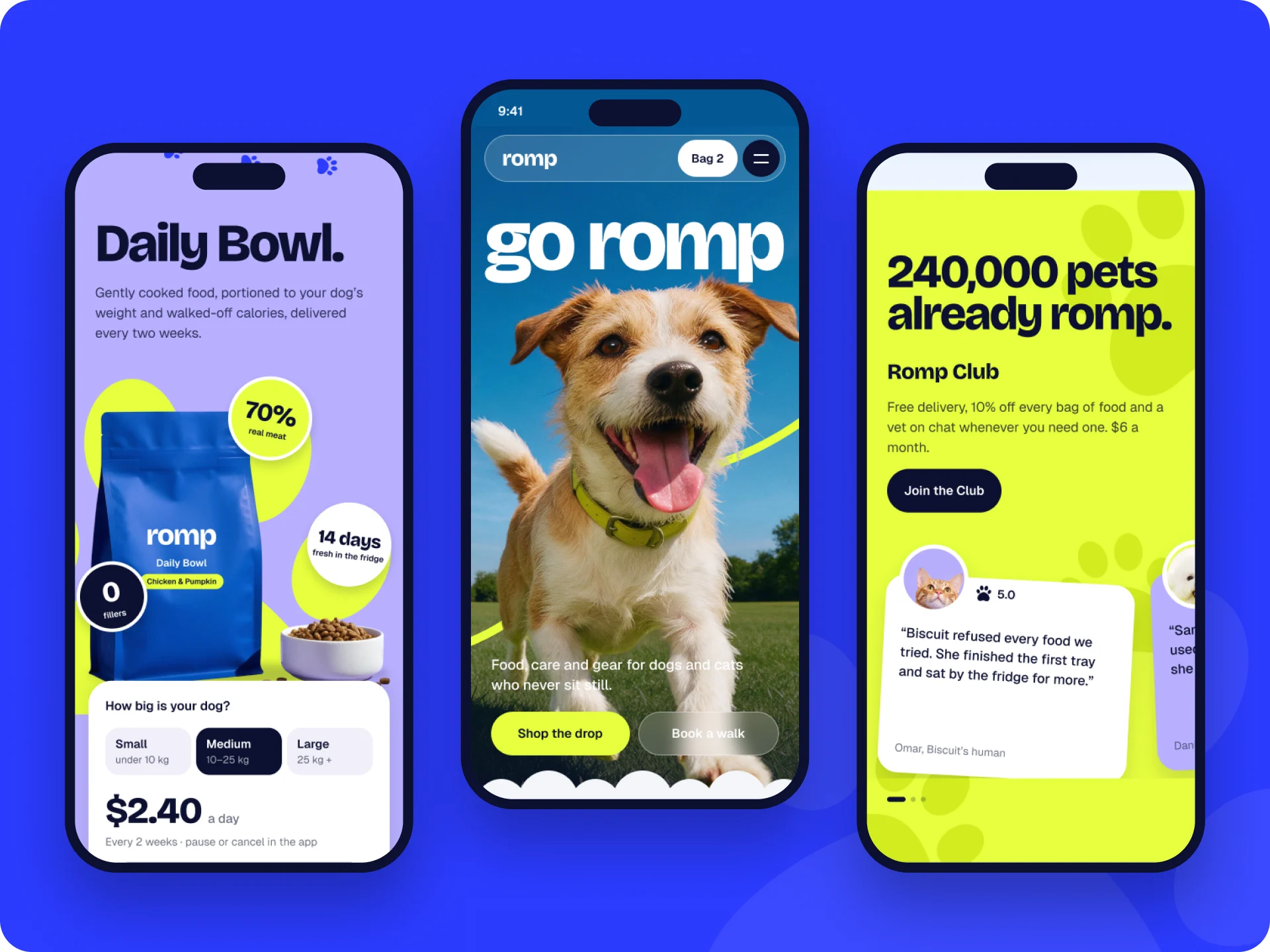 Three Romp mobile screens, Daily Bowl, the hero and the Club.