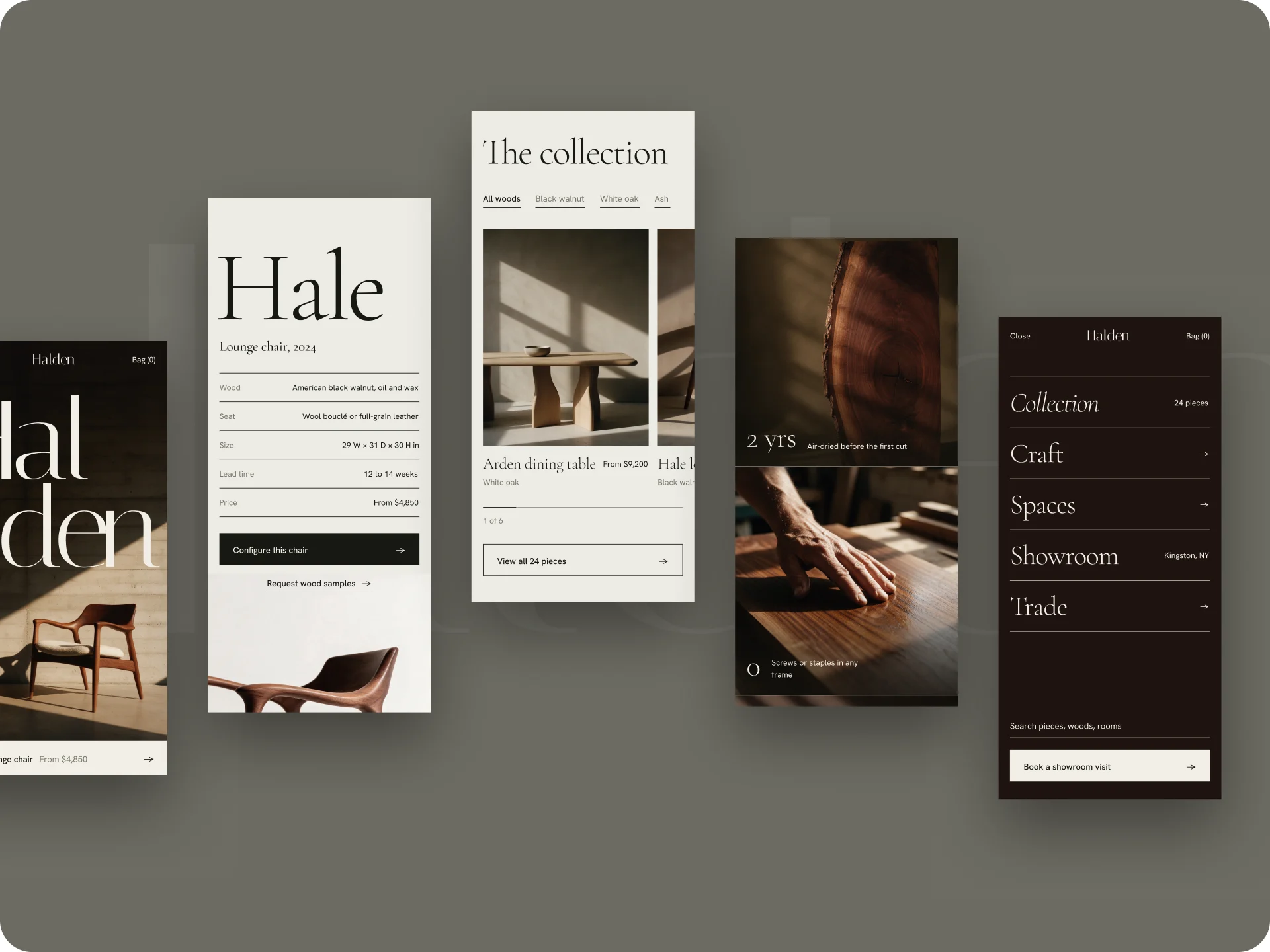 Halden mobile screens on a dark background, the hero, the Hale chair, the collection list and the menu.