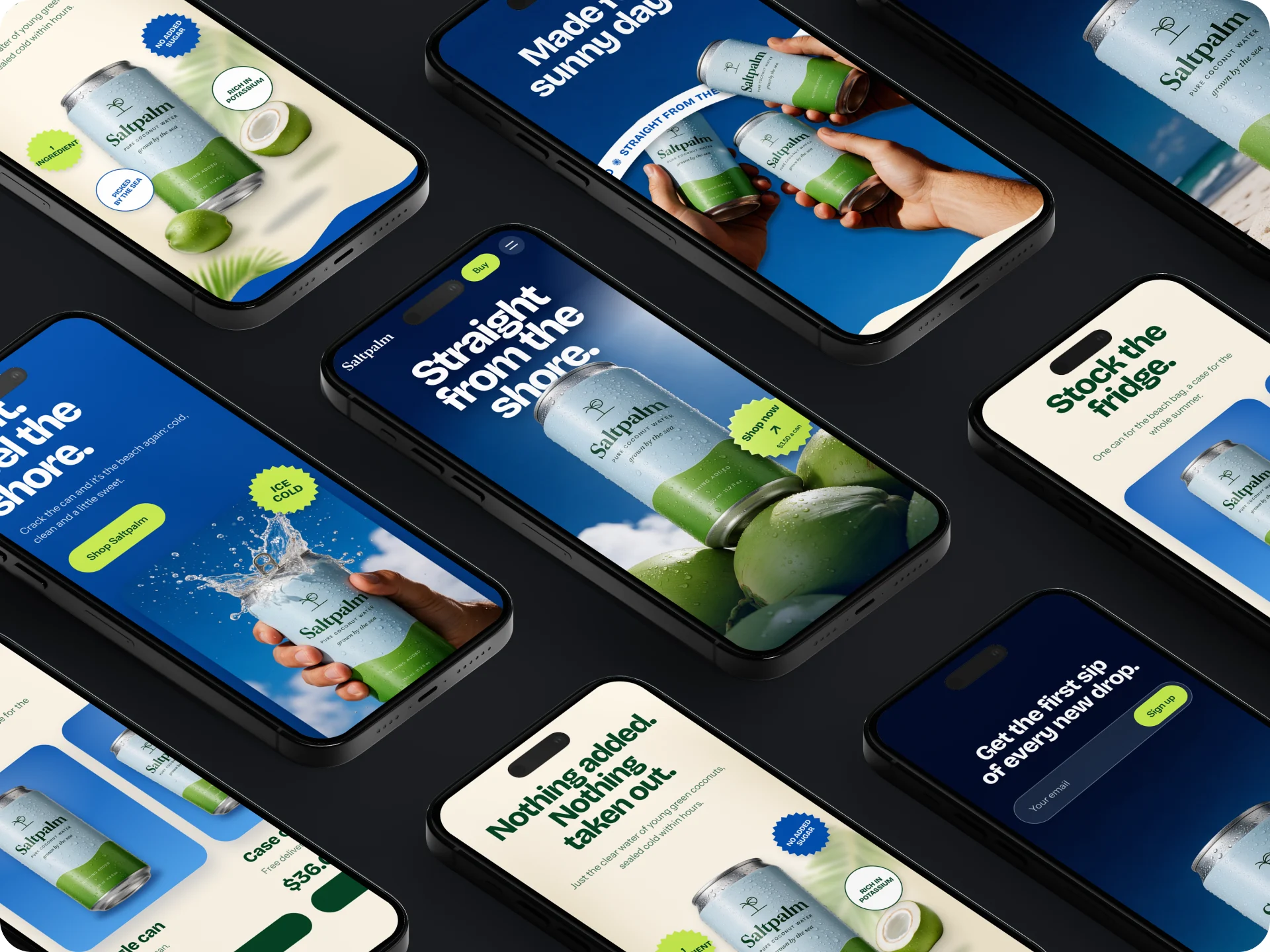 Saltpalm mobile screens on tilted phones.