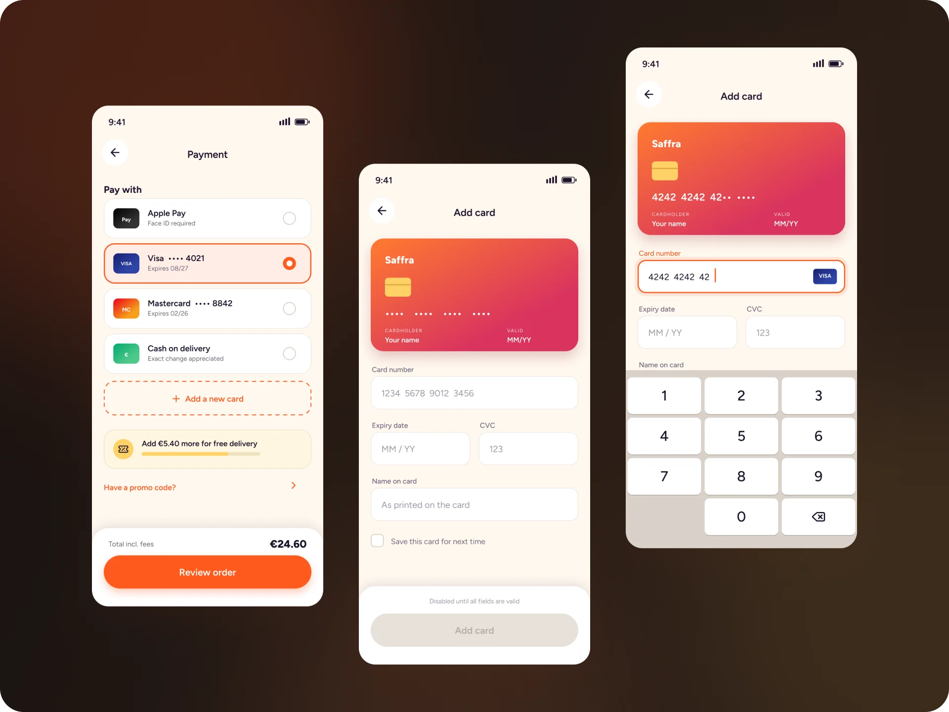 Payment methods and the add card form with the keypad open.