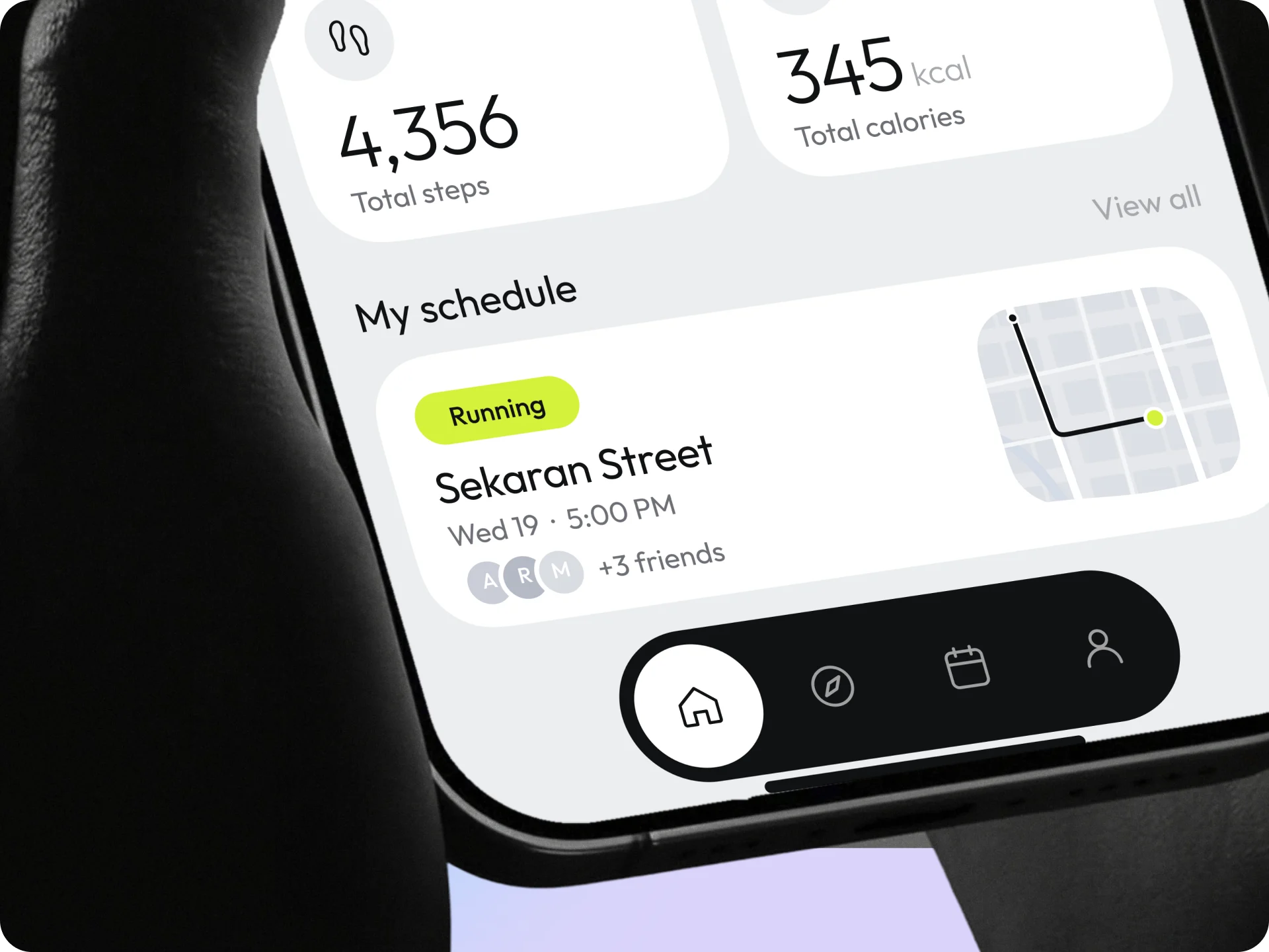 A close-up of the steps, calories and schedule cards with the floating navigation.