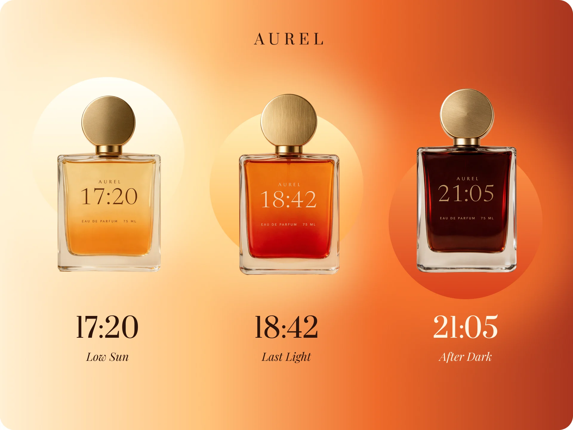 The three Aurel perfumes side by side, 17:20 Low Sun, 18:42 Last Light and 21:05 After Dark.
