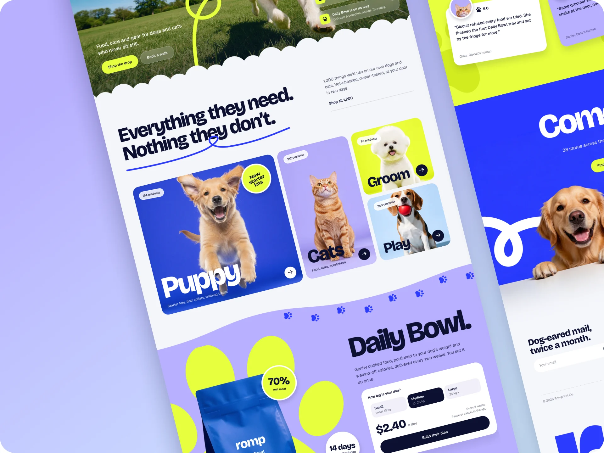 The Romp landing page tilted on a lavender background.