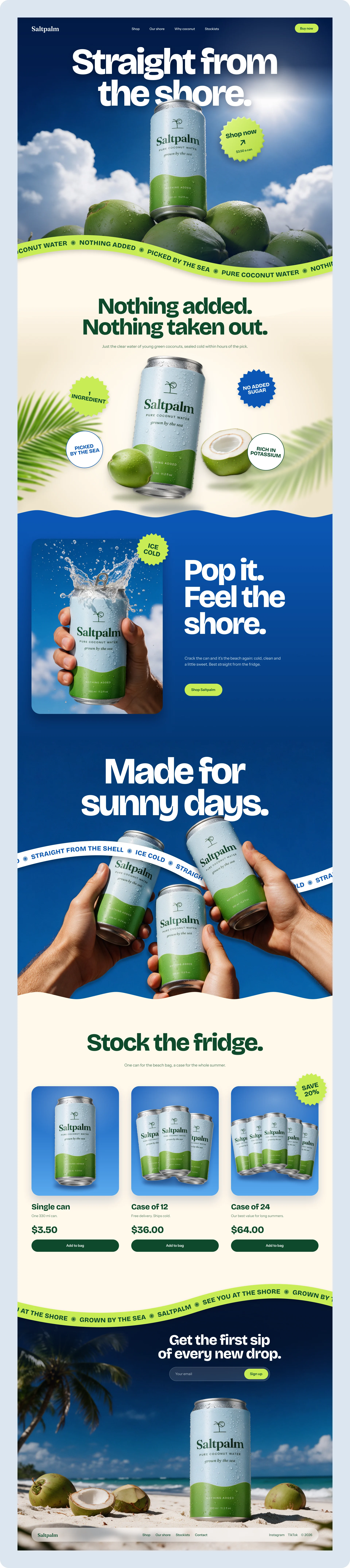 The full Saltpalm landing page, from the hero to the beach footer.