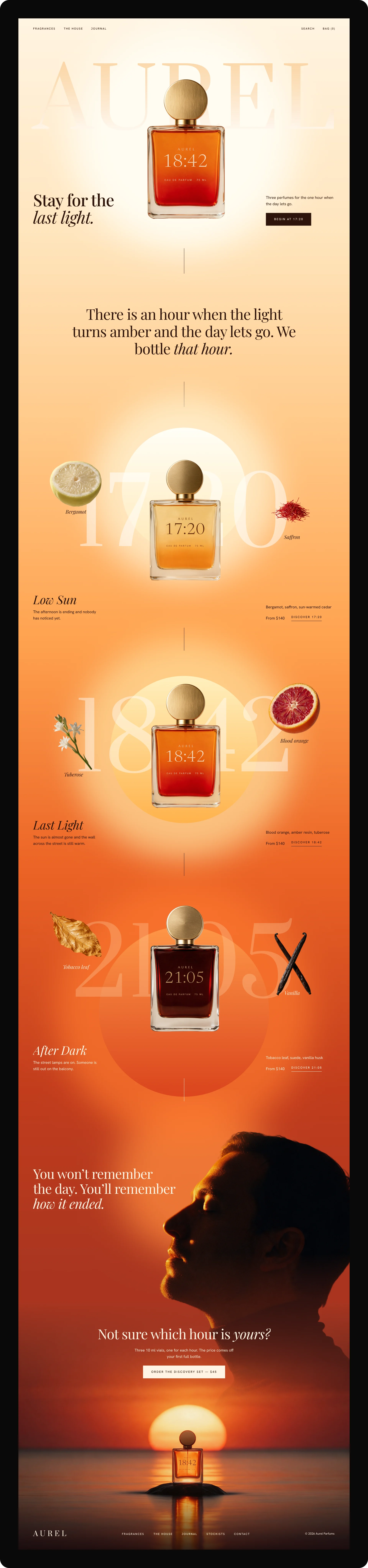 The full Aurel landing page, going from pale cream at the top to deep red at the footer.