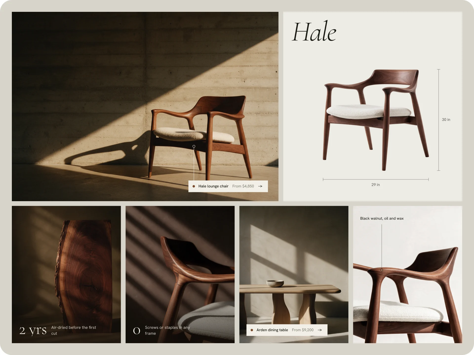 The Hale lounge chair page with detail photos of the wood and upholstery below it.
