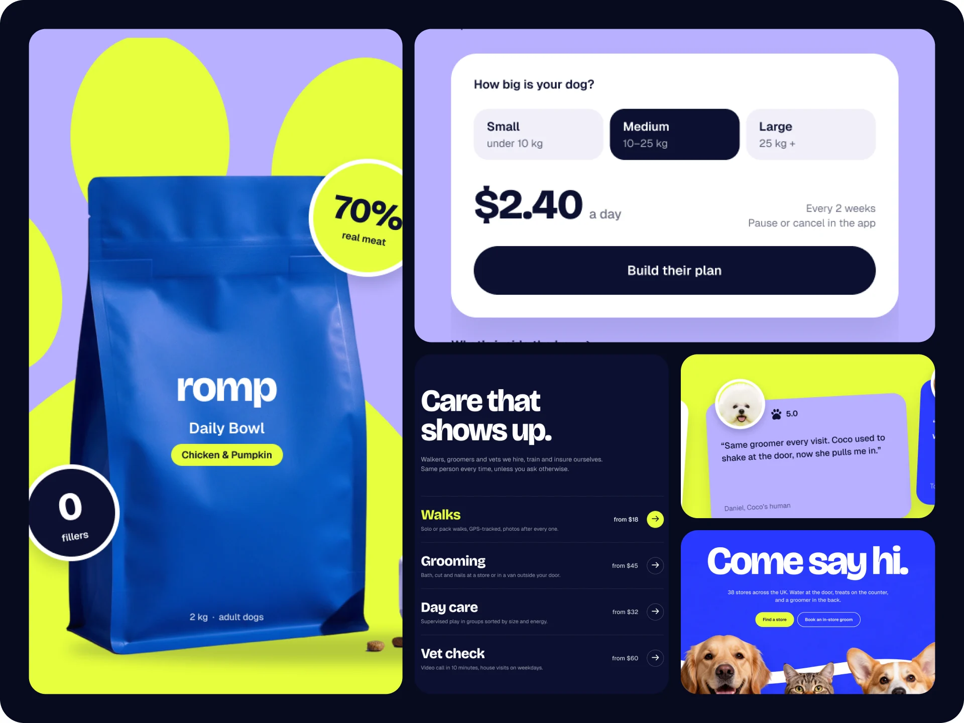 Close-ups of Romp sections, the Daily Bowl plan, Care and reviews.