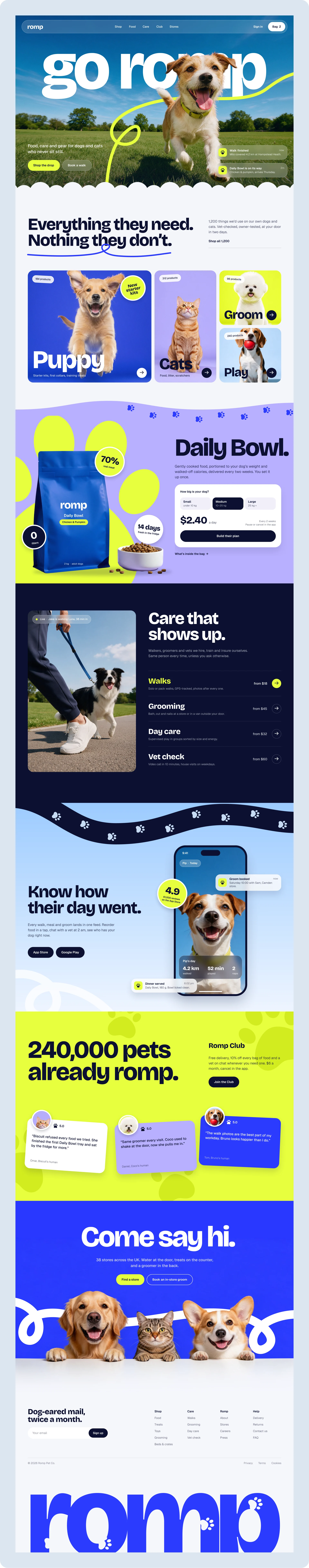 The full Romp landing page, from the hero to the footer wordmark.