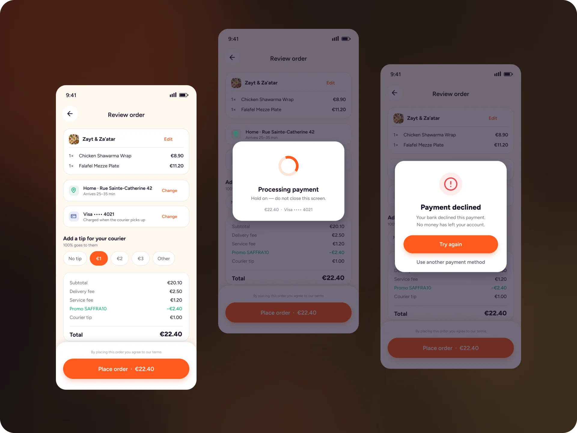 The review screen, payment processing and the payment declined state.