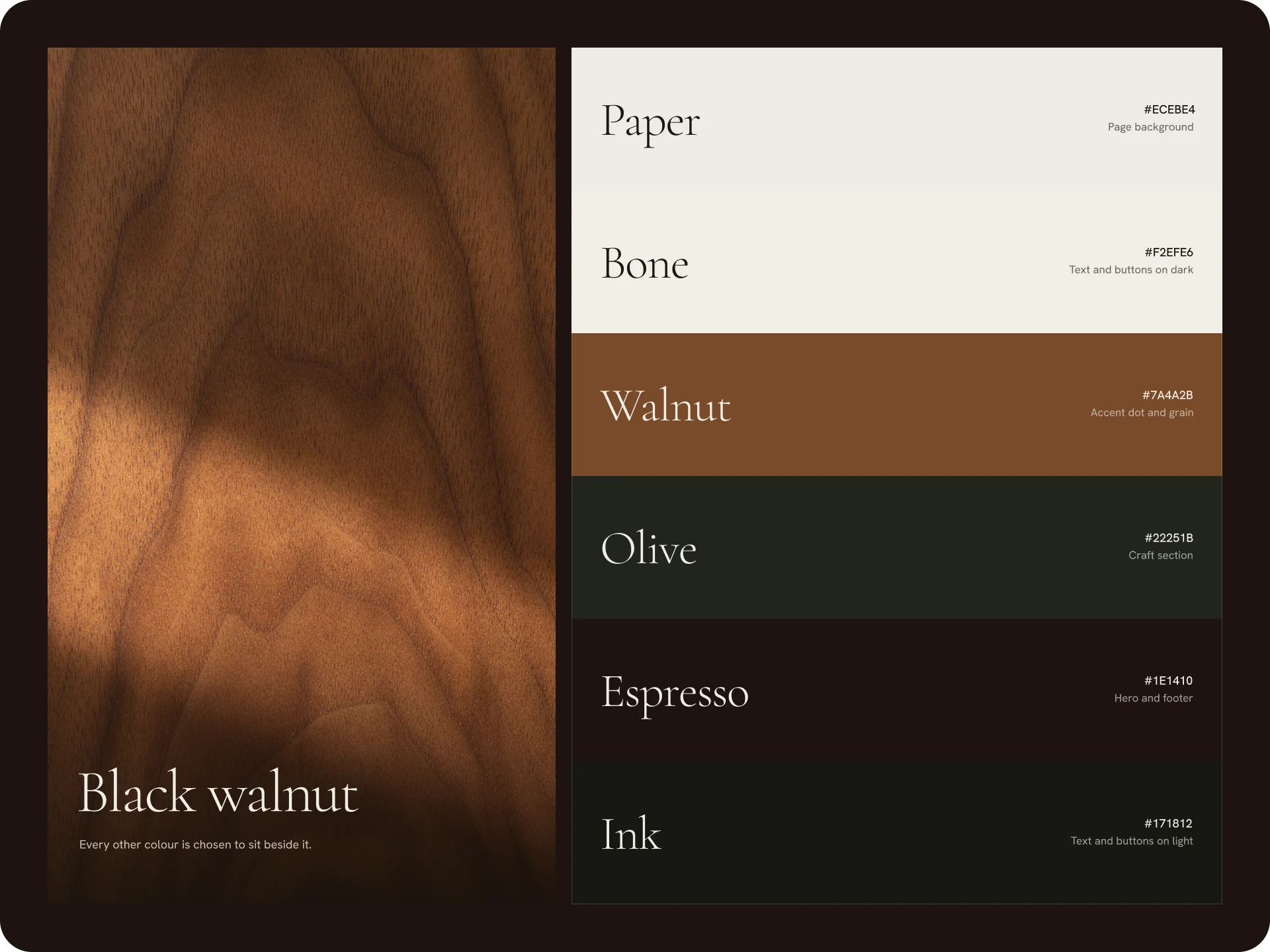 The wood and finish swatches, paper, bone, walnut, olive, espresso and ink, next to a black walnut close-up.
