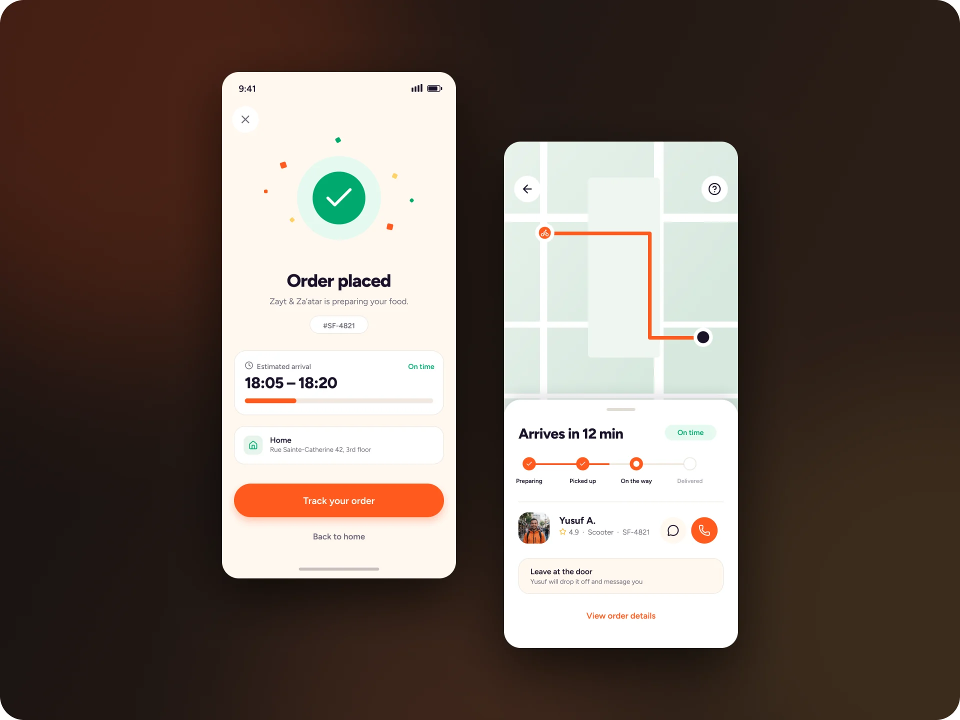 The order placed screen and live tracking with the courier.