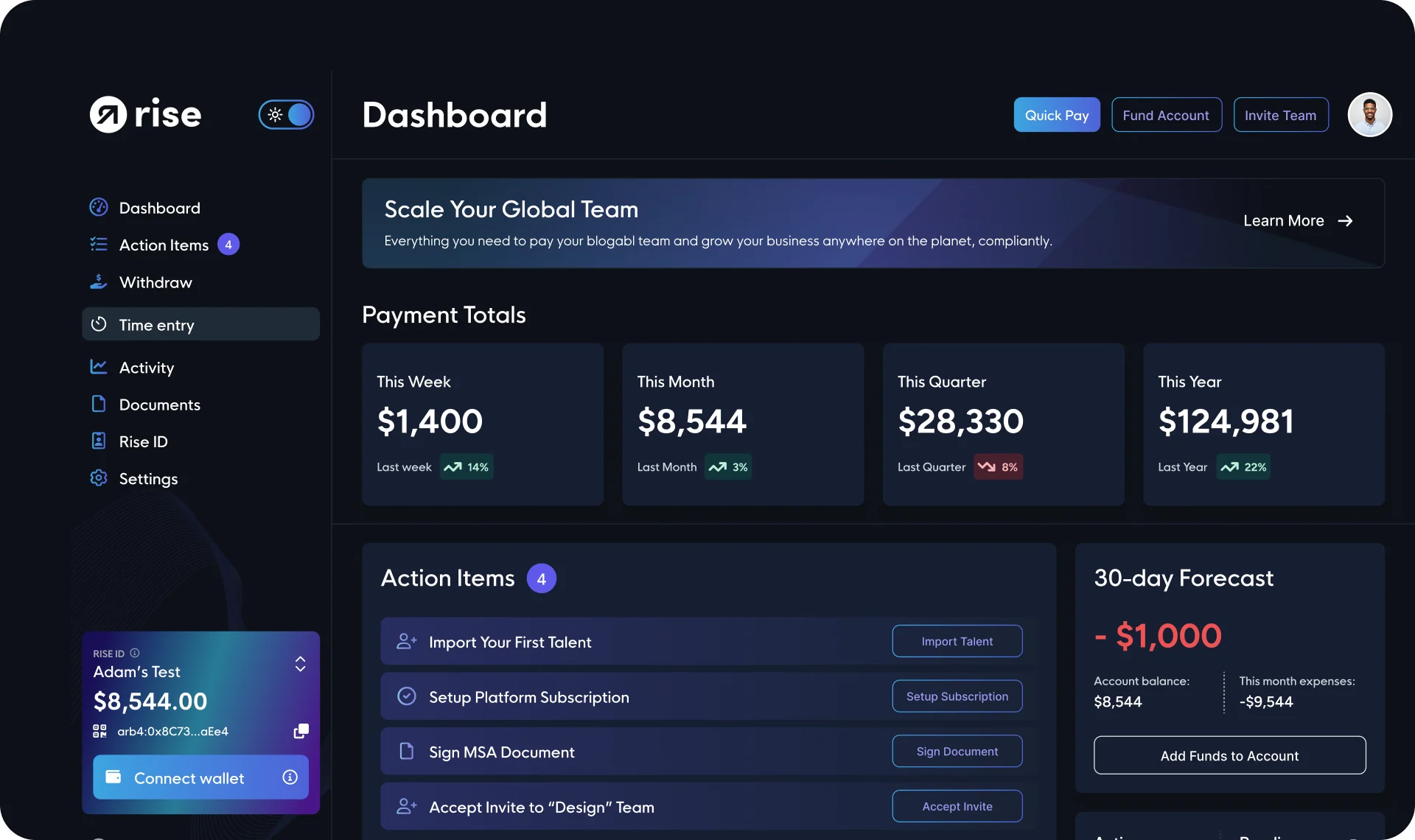 The Rise payer dashboard in dark mode, with payment totals, action items and a 30-day forecast.