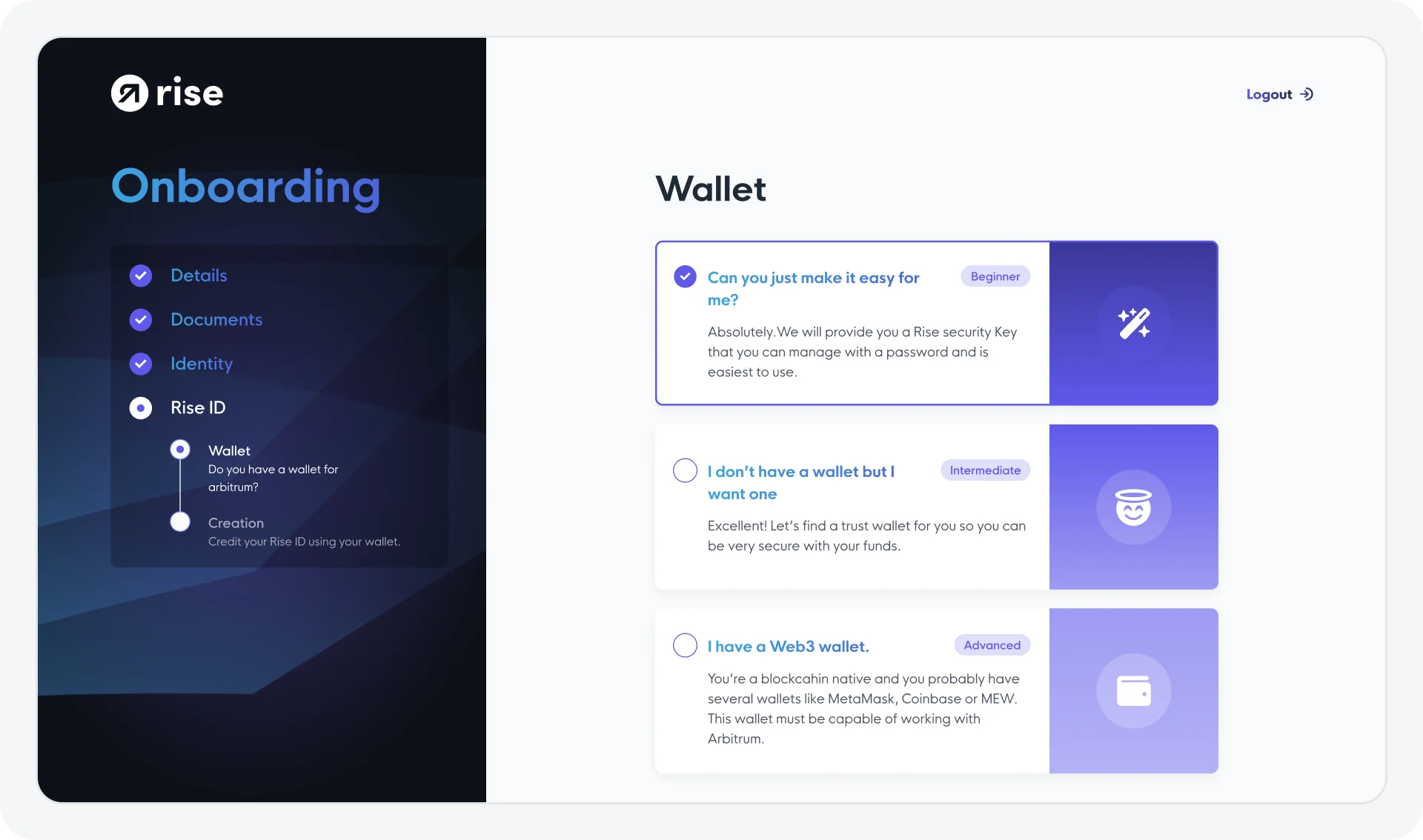 Rise onboarding, wallet step, with three choices, make it easy for me, I don’t have a wallet but I want one, and I have a Web3 wallet.