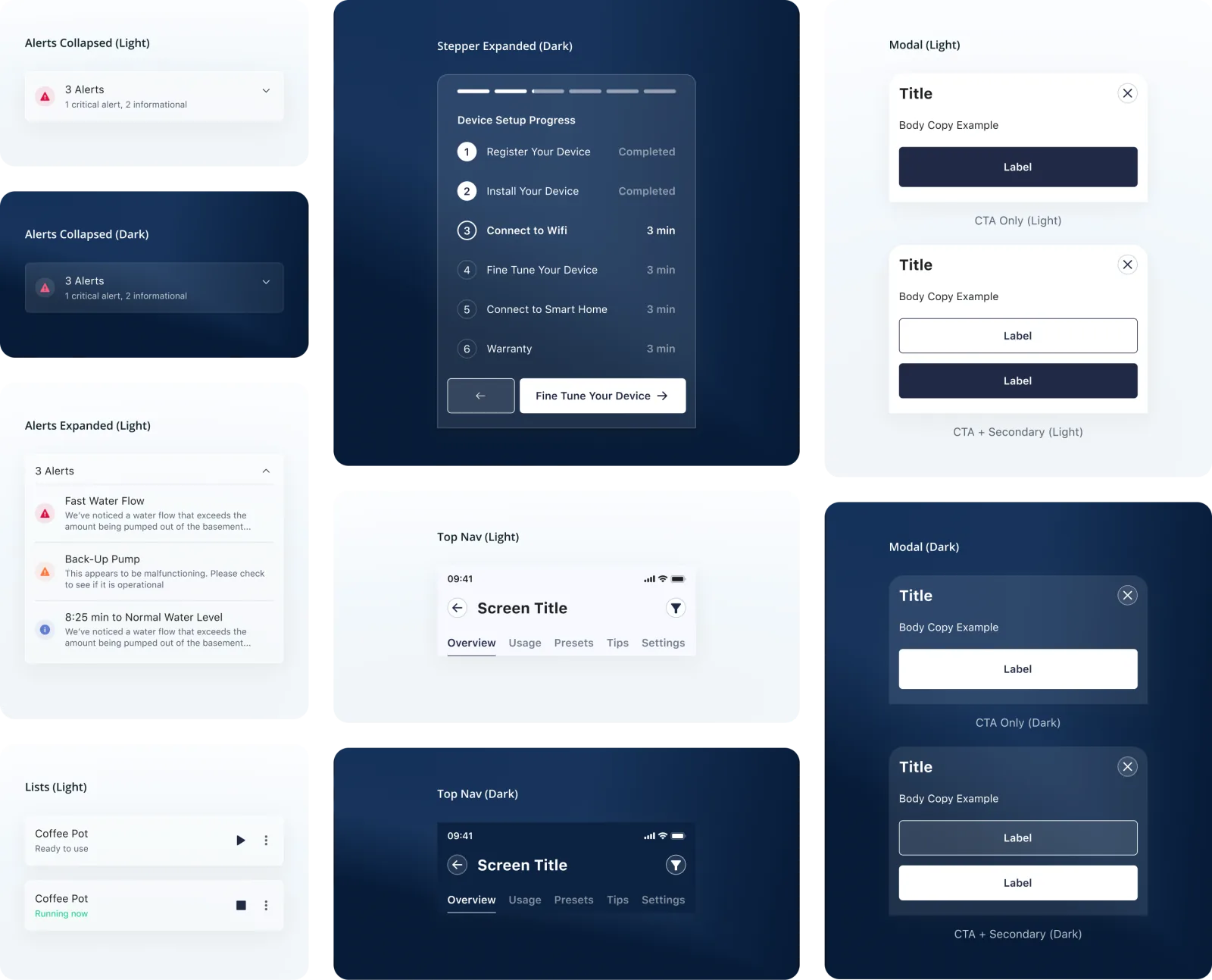 Moen — Organism Components: Stepper, Floating Player, Notifications